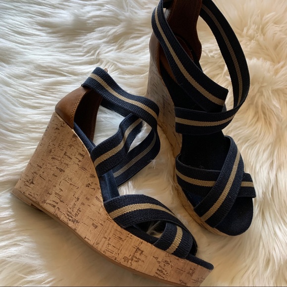 Merona Shoes - Merona • Cork Navy Elastic Wedges 8
